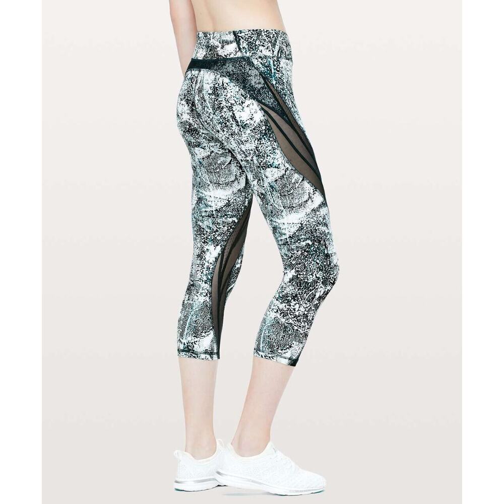 Lululemon Never Still Crop 21" Leggings Wildwood White Nocturnal Teal Mesh Sz 6 - Picture 10 of 12
